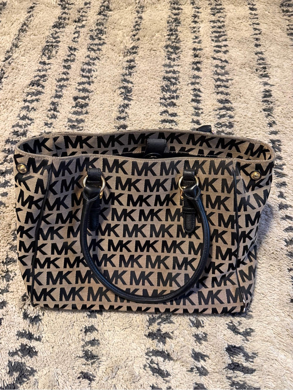 Michael Kors Tan and Black MK Logo Canvas Tote
